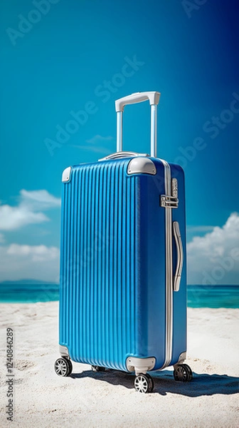 Fototapeta Beach with Travel Suitcase Under Sunny Sky, Illustrating Relaxing Summer Vacation, Tropical Holiday Mood, and Seaside Travel Inspiration