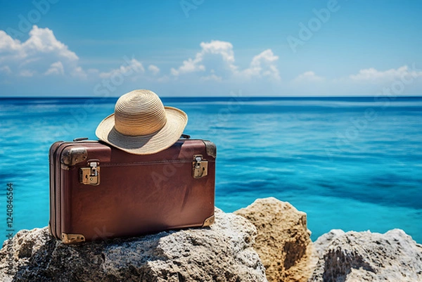 Fototapeta Travel Suitcase on Sandy Beach with Ocean View Under Sunny Sky, Representing Vacation Getaway, Summer Adventure, Tropical Holidays, and Leisure Travel Inspiration