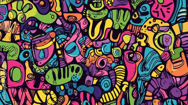 Fototapeta Bright and colorful abstract doodle shapes create vibrant and playful design, perfect for artistic projects or backgrounds. lively patterns evoke creativity and fun