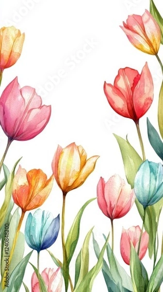 Fototapeta frame of bright tulips in pink, green, mint and yellow shades, on white background, with free space for text, illustration 