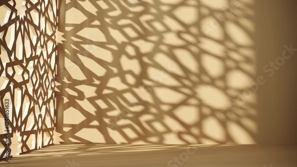 Fototapeta 3d render elegant shadow pattern cast by Islamic geometric decor. Soft, warm sunlight highlights intricate lattice design. Perfect for cultural, architectural, and minimalistic themes.