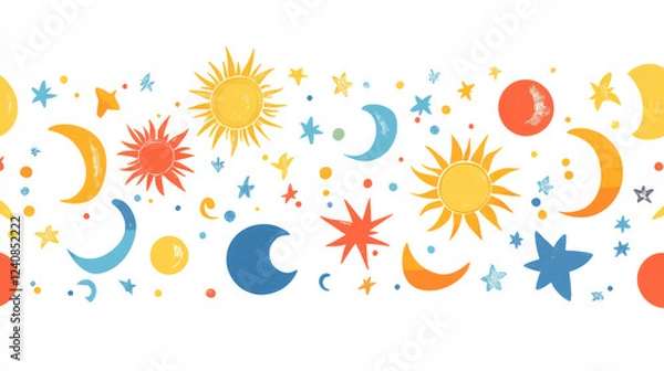 Obraz Bright and colorful celestial patterns featuring suns, moons, and stars create whimsical design. This vibrant artwork is perfect for various creative projects
