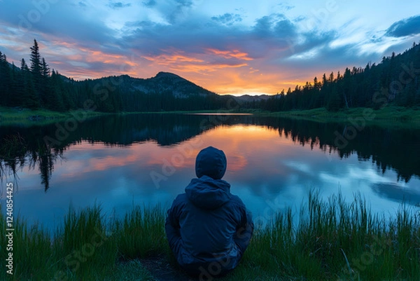 Fototapeta Person enjoying a serene sunset by the lake reflecting vibrant colors in nature's tranquil setting
