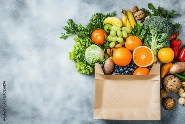 Fototapeta A bag filled with various fruits and vegetables on a white background