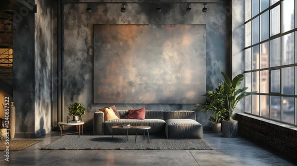 Fototapeta Modern Industrial Loft Apartment Grey Wall Living Room, Cozy Sofa for Stylish Home Decor.