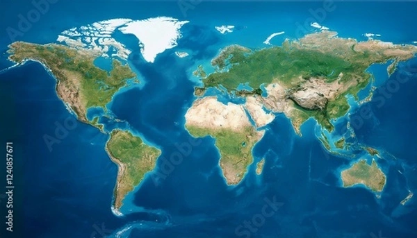 Fototapeta satellite-style map of the world. It depicts Earth's continents and oceans with realistic colors and topographical details.