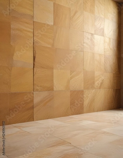 Obraz Wide-angle shot of a room featuring a seamless background of yellow sandstone tiles in a natural, woven pattern on the wall, tile, weave, seamless, pattern, natural sandstone
