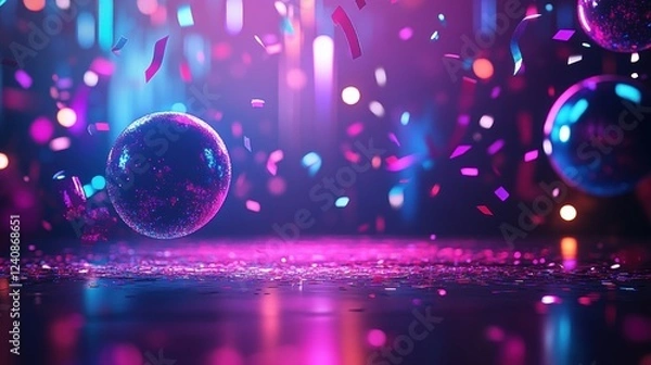 Fototapeta Sparkling Party Atmosphere with Colorful Confetti and Glittering Balls