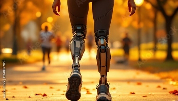 Obraz Woman with Prosthetic Legs Walking in Autumn Park