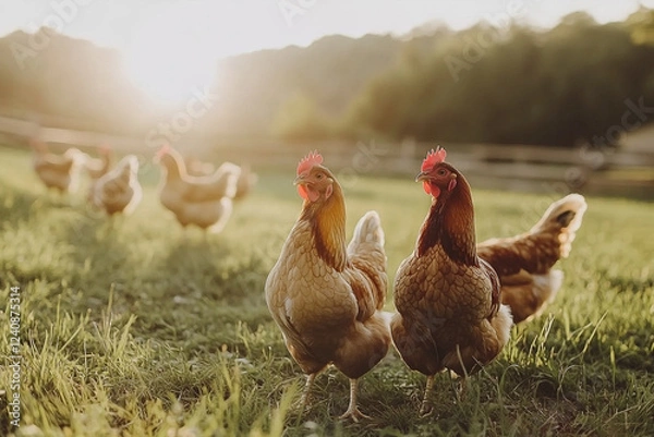 Fototapeta Free-Range Chickens Roaming on Farm at Sunrise with Glowing Sun and Grass Field