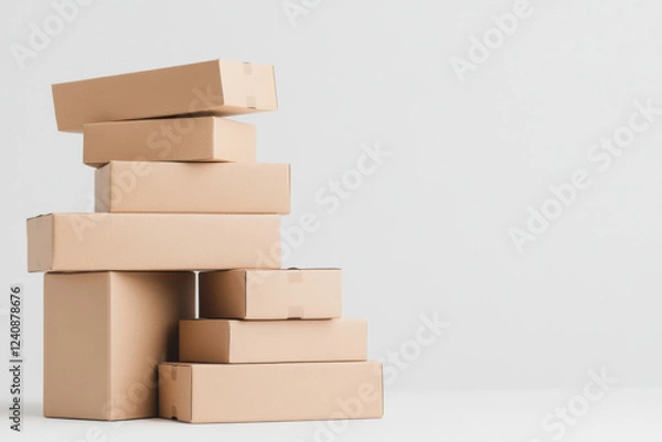 Fototapeta Stack of cardboard boxes creating a staircase effect on white background