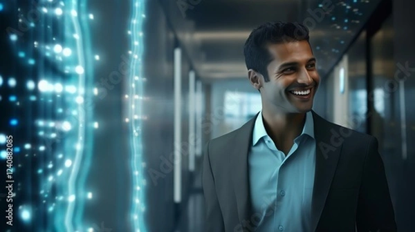 Fototapeta A smiling man in a suit standing in a modern hallway with glowing abstract lights. The scene conveys confidence, professionalism, and success.