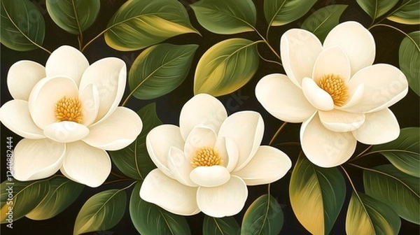 Obraz A serene composition featuring three elegant white magnolia flowers surrounded by lush green leaves on a dark background.