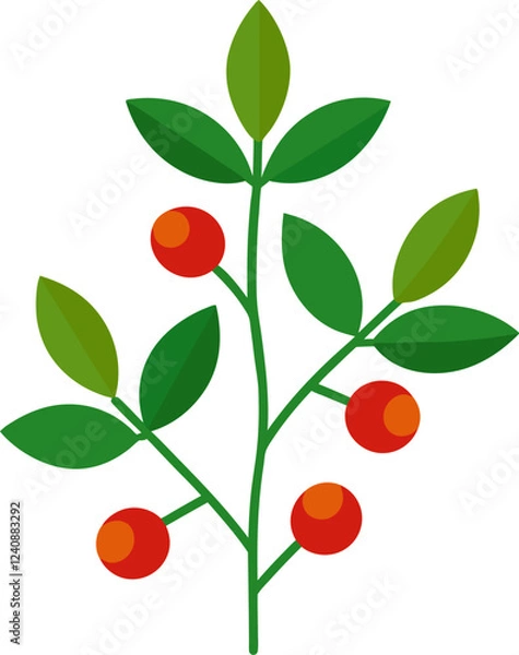 Fototapeta A stylized illustration of a branch with green leaves and red berries.