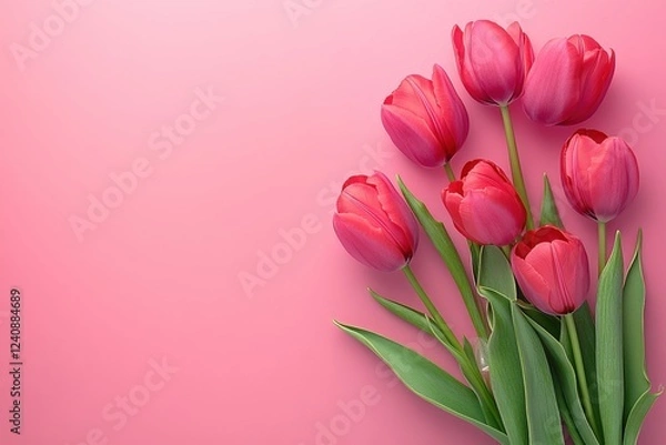 Fototapeta Beautiful Pink Tulips on a Soft Pink Background for Celebratory Occasions such as Mother's Day or Valentine's Day Gifts and Decorations
