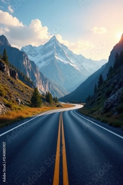 Fototapeta Empty asphalt road curves through majestic mountains , rocks, winding road, vista