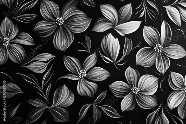 Fototapeta Monochrome floral pattern. Elegant grayscale flower design.