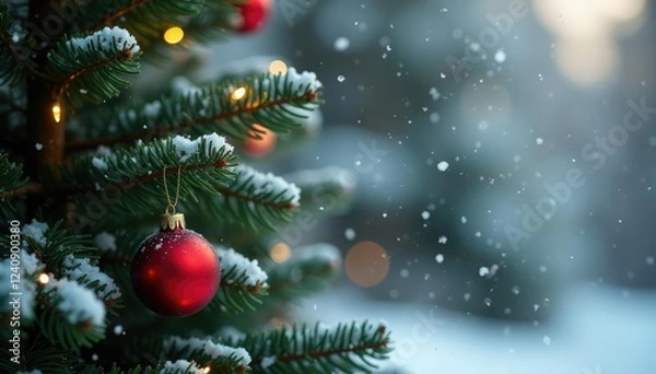 Obraz Snowflakes gently fall on decorated pine tree, festive, snow