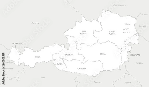 Fototapeta Vector regional map of Austria with federal states and administrative divisions, and neighbouring countries and territories. Editable and clearly labeled layers.