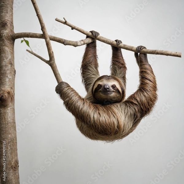 Fototapeta A sloth hanging lazily from an invisible branch, pure white background.