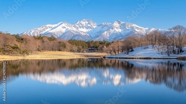 Fototapeta Majestic snow-capped mountains reflecting in calm lake under clear blue sky