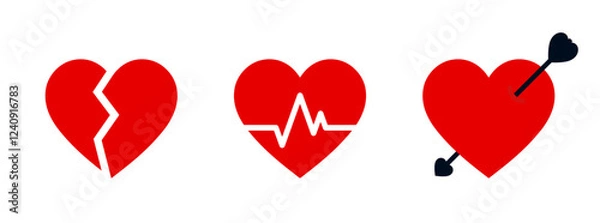 Fototapeta Red Heart Icons. Stylised broken heart icon, medical heartbeat icon, and heart with arrow. Isolated on white background. Vector Illustration.
