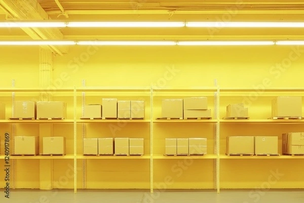 Fototapeta Bright yellow storage room with shelves filled with cardboard boxes under fluorescent lighting, creating a modern warehouse setup