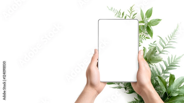 Obraz hands holding digital tablet computer with empty blank screen, person using mobile technology