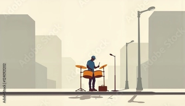 Fototapeta Street performer playing steel drums in minimalist urban setting, creativity