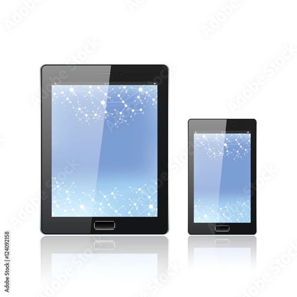 Fototapeta Modern digital tablet PC with mobile smartphone isolated on the white. Molecule and communication background. Science concept. Vector Illustration.
