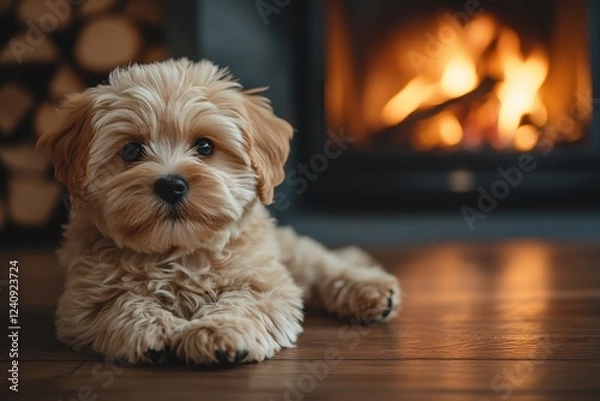 Fototapeta Cute puppy relaxing by a warm fireplace in a cozy indoor setting during winter evenings
