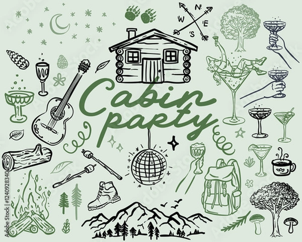 Fototapeta Beautiful whimsical hand drawn style Cabin Party illustration set, vector element collection
