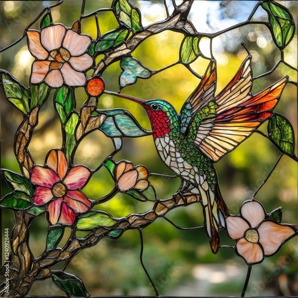 Fototapeta Stained Glass Hummingbird in Floral Display Brightly Colored Bird Surrounded by Blooms and Branch