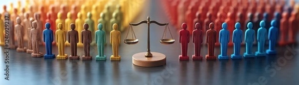 Obraz Striving for Equity Criminal Justice Reform Illustrated Through Diverse Figures Holding Scales of Fairness, Representing the Pursuit of Impartial Justice and Equal Treatment Under the Law for All