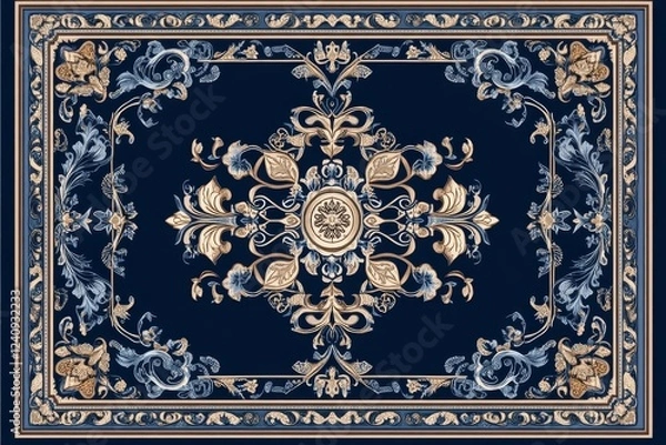 Fototapeta Elegant Baroque Rug Design: A Navy Blue Tapestry with Intricate Gold and Silver Accents