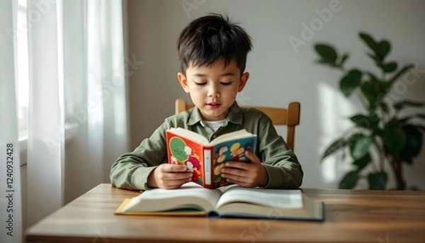 Obraz Boy Reading Book at Wooden Table Near Window