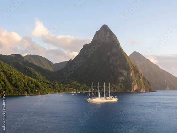 Obraz Caribbean, Lesser Antilles, St Lucia, Village  Soufrière, Region Soufrière, Vucano, Gros Piton,  Petit Piton,