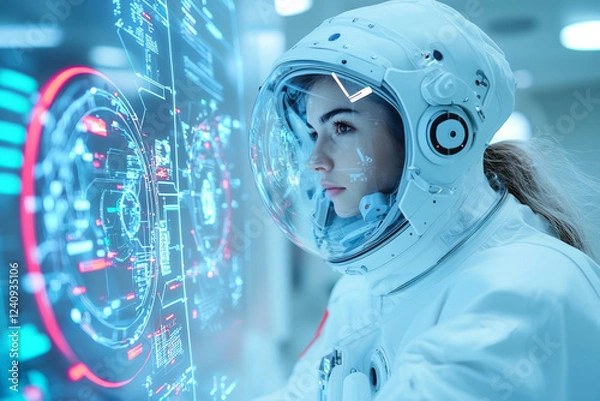 Fototapeta A close-up photograph of a determined young female astronaut studying technical mission manuals in a high-tech training facility, gearing up for her upcoming space journey,