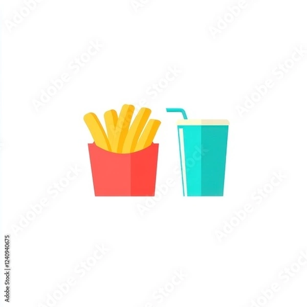 Fototapeta Fries and soda; fast food meal; white background; menu icon