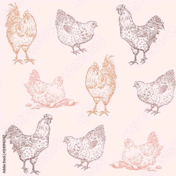 Fototapeta Hens and cocks seamless pattern