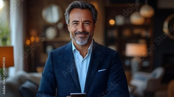 Obraz Corporate director standing in contemporary office holding mobile cellphone, elegant and professional mood, copy space