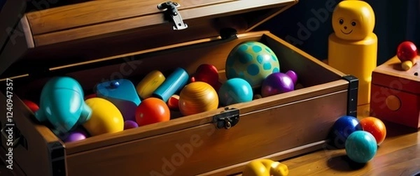 Obraz Closeup of a beautifully painted wooden toy chest filled with colorful toys inviting children to explore and play in a vibrant setting