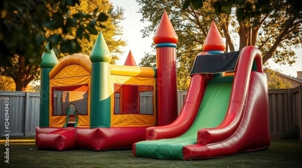 Fototapeta Colorful inflatable bounce house, backyard party, vibrant red and yellow castle, slide, children's playground, sunny day, lush green trees, suburban setting, outdoor fun, summer celebration, playful 