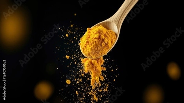 Fototapeta Wooden spoon, turmeric powder, spice explosion, dark background, macro photography, 