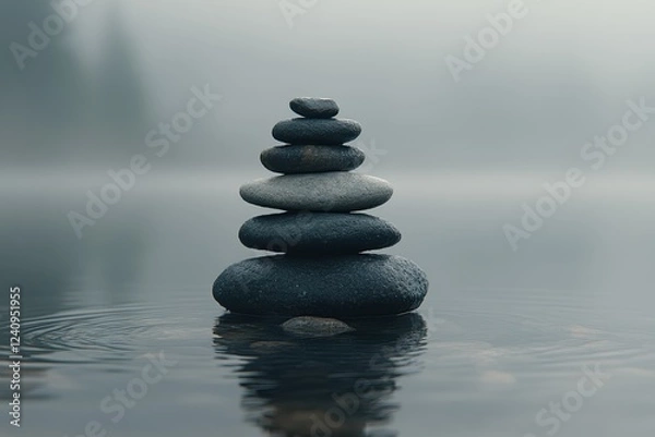 Fototapeta Serene Stack of Smooth Stones Balancing on Tranquil Misty Lake Surface with Gentle Ripples in Peaceful Natural Setting
