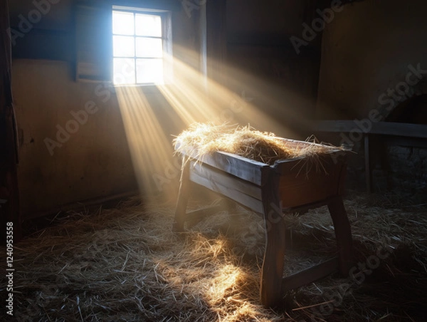 Obraz A manger with sunlight beaming through a window