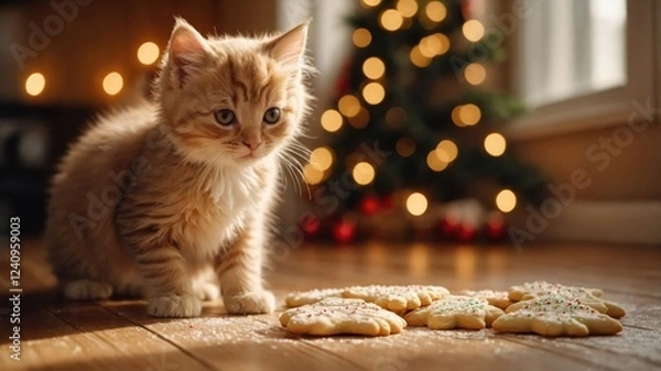 Fototapeta Playful kitten curiously observes decorated cookies on a wooden floor near a festive tree