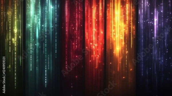 Fototapeta 5 vertical designs with the matrix code, each in different colors of red, green, blue, purple, and black. Each design has lights shining from it, like the movie The Matrix. High resolution.