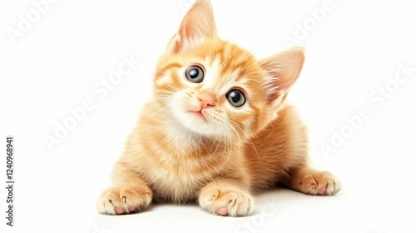 Obraz Fluffy Kitten with Wide Curious Eyes Sitting on White Background Adorable Head Tilted Towards Camera