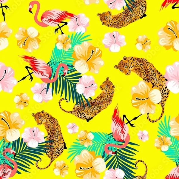 Fototapeta flamingos con leopardos con hojas y flores sobre fondo amarillo